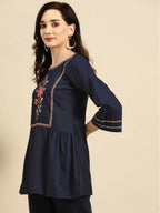 Women's Navy Blue Viscose blend Embroidered Short Top - Marina | Grocsy