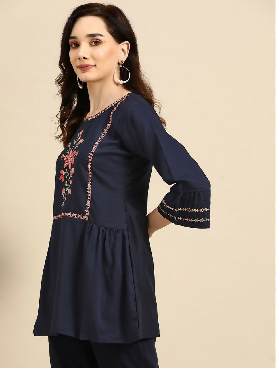 Women's Navy Blue Viscose blend Embroidered Short Top - Marina | Grocsy