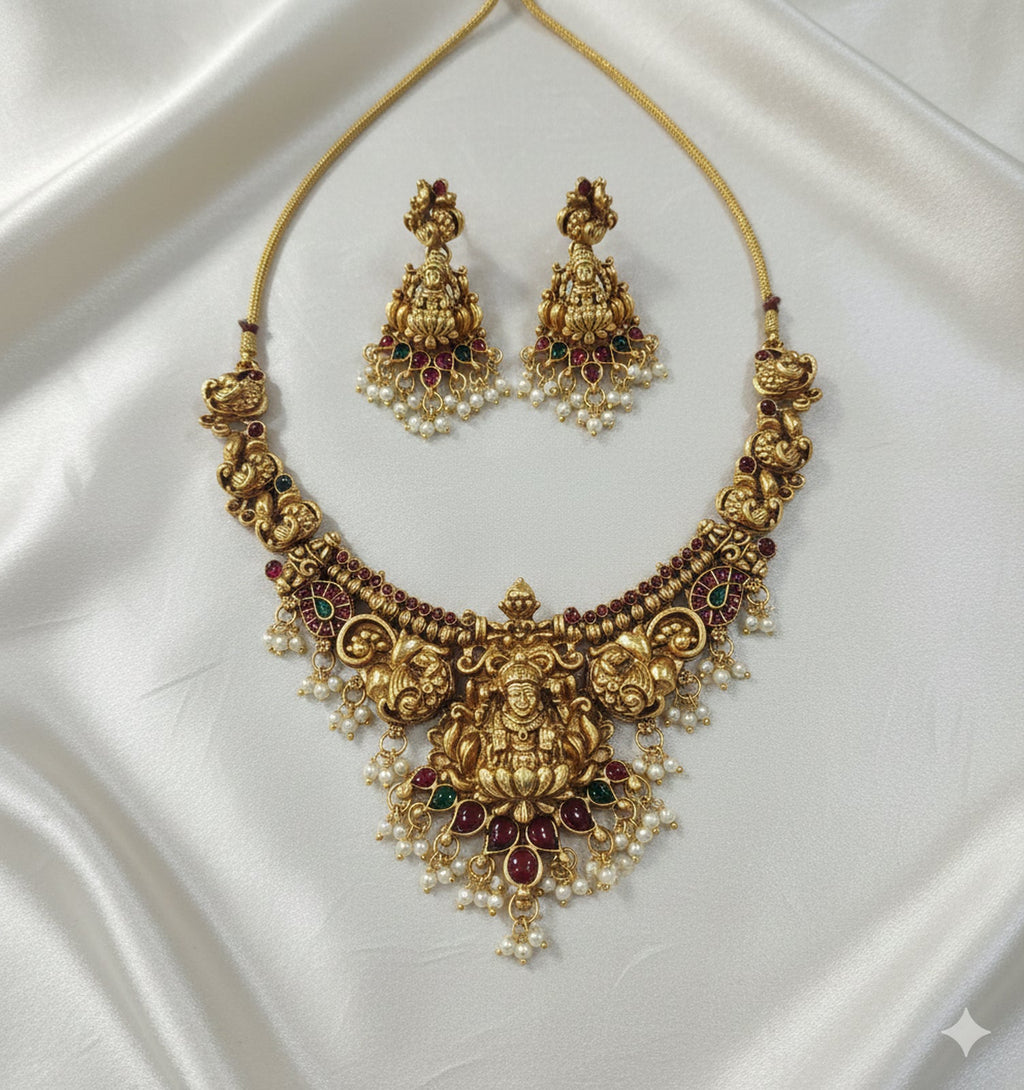 Jewel City Antique Gold-Plated Lakshmi Temple Necklace Set with Pearls & Ruby Green Stones for Women | Grocsy