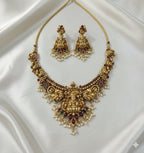 Jewel City Antique Gold-Plated Lakshmi Temple Necklace Set with Pearls & Ruby Green Stones for Women | Grocsy