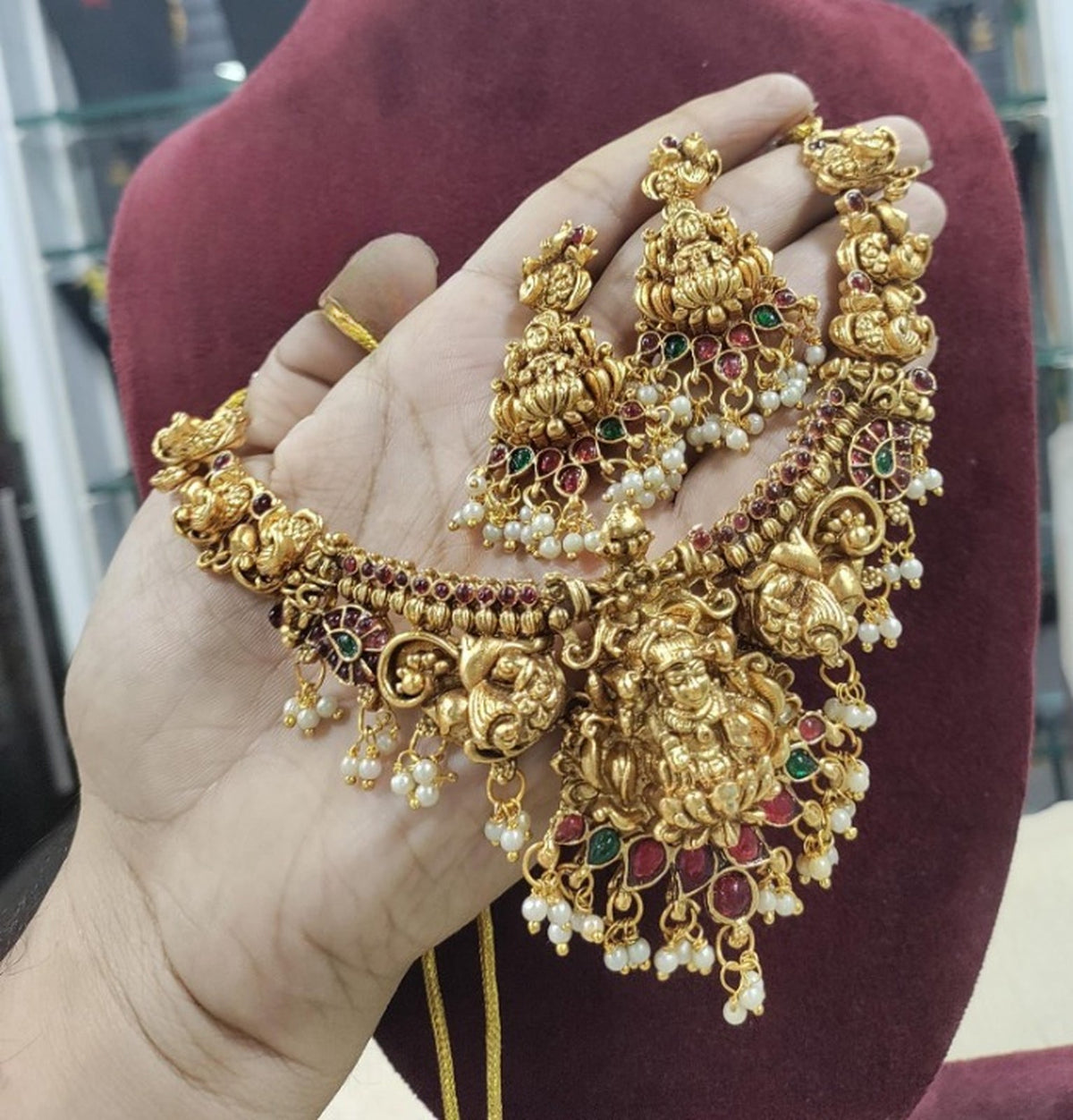 Jewel City Antique Gold-Plated Lakshmi Temple Necklace Set with Pearls & Ruby Green Stones for Women | Grocsy