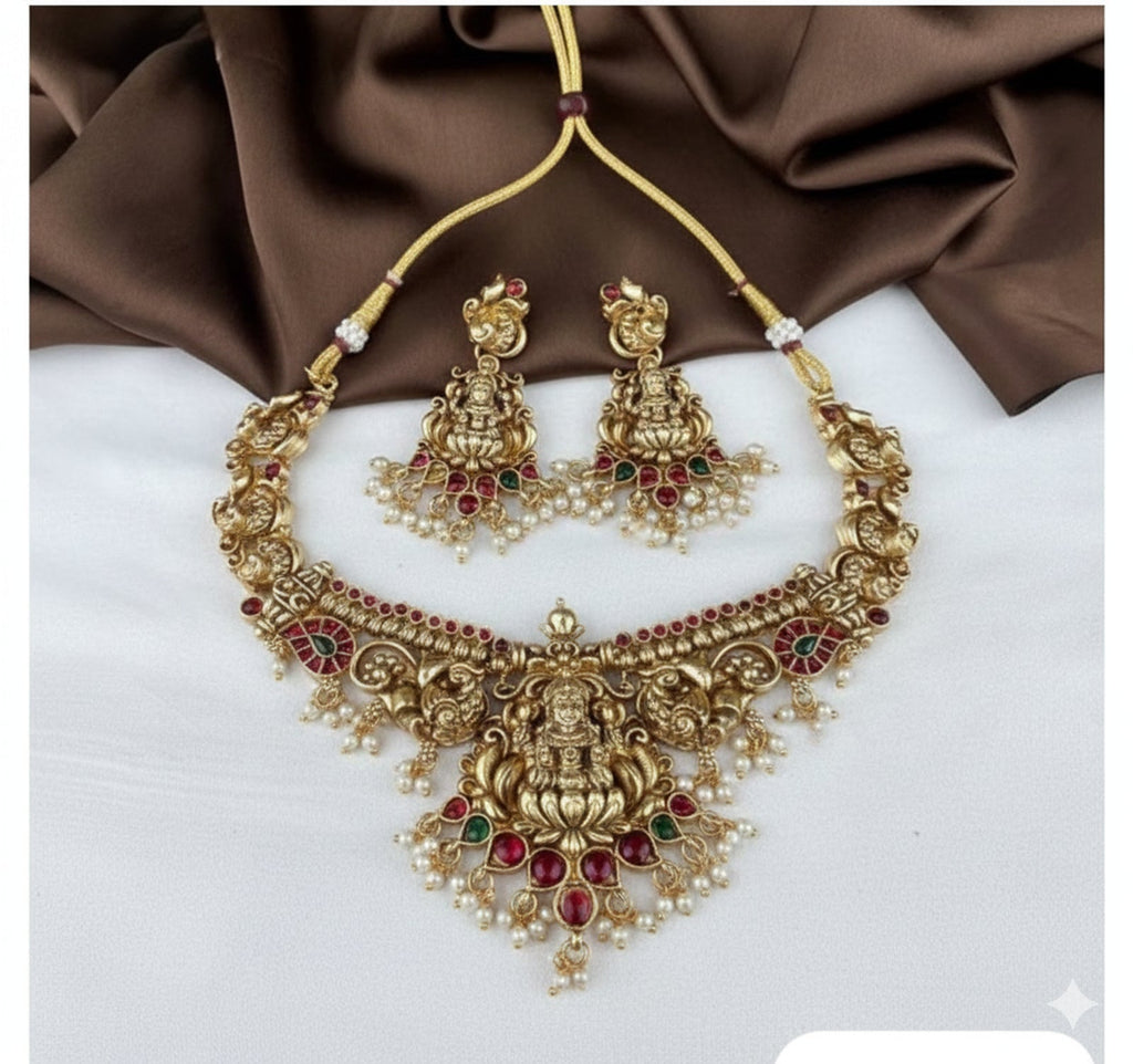 Jewel City Antique Gold-Plated Lakshmi Temple Necklace Set with Pearls & Ruby Green Stones for Women | Grocsy