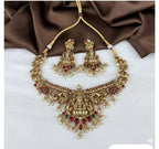 Jewel City Antique Gold-Plated Lakshmi Temple Necklace Set with Pearls & Ruby Green Stones for Women | Grocsy