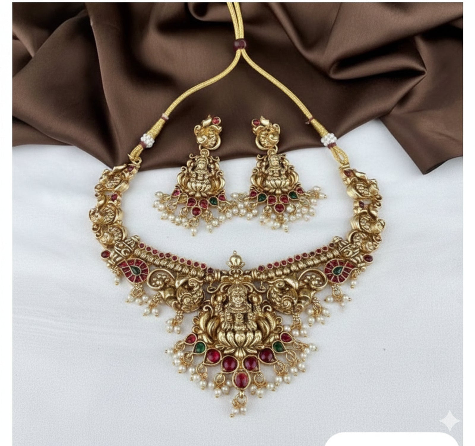 Jewel City Antique Gold-Plated Lakshmi Temple Necklace Set with Pearls & Ruby Green Stones for Women | Grocsy