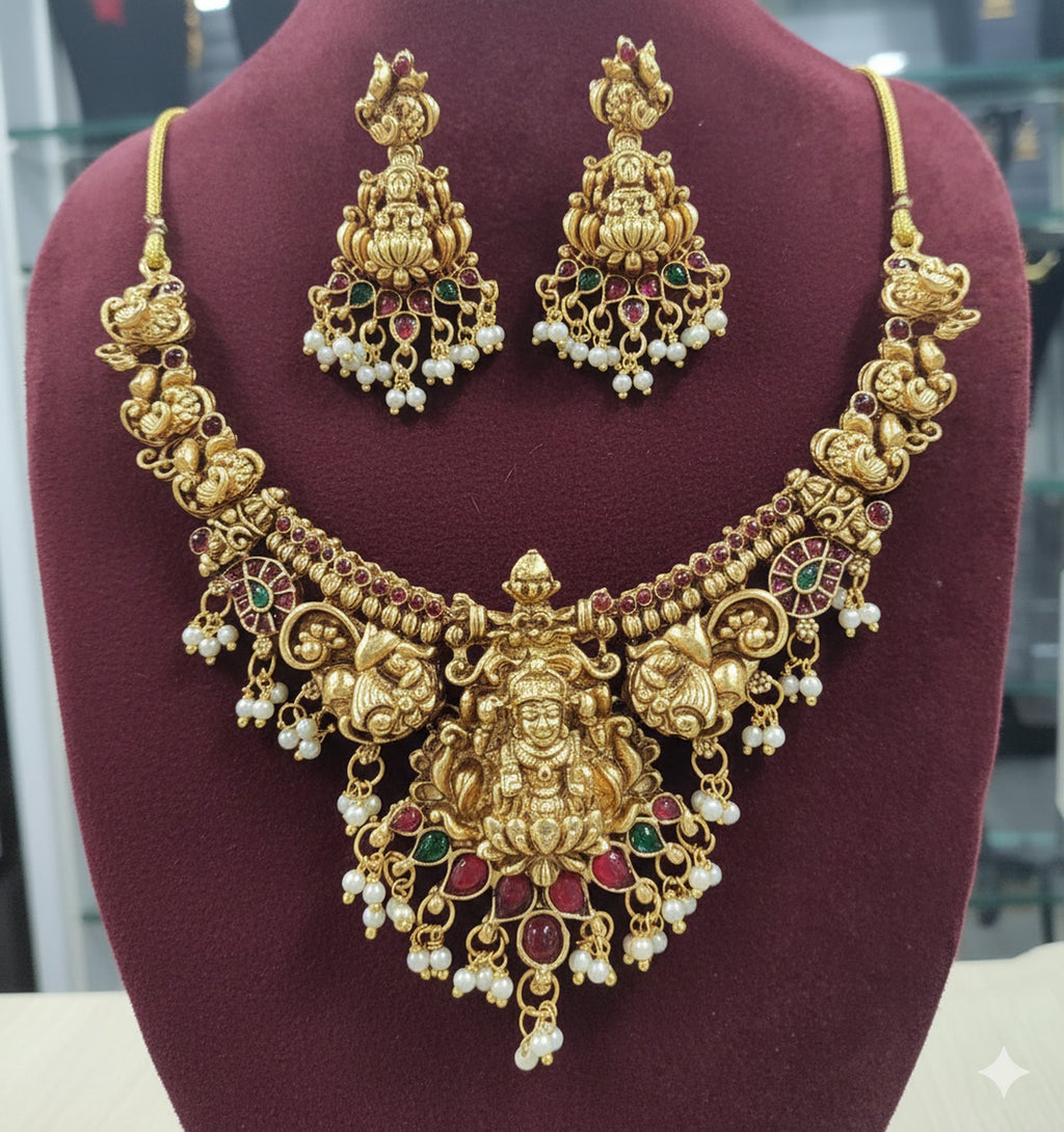 Jewel City Antique Gold-Plated Lakshmi Temple Necklace Set with Pearls & Ruby Green Stones for Women | Grocsy