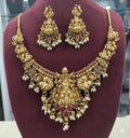 Jewel City Antique Gold-Plated Lakshmi Temple Necklace Set with Pearls & Ruby Green Stones for Women | Grocsy