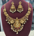 Jewel City Antique Gold-Plated Lakshmi Temple Necklace Set with Pearls & Ruby Green Stones for Women | Grocsy