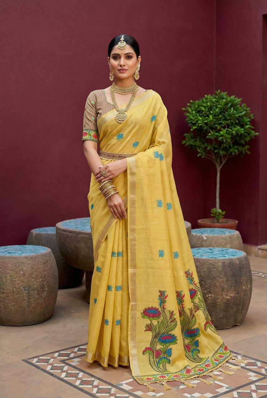 Vastranavya Yellow Muga Cotton Meenakari & Azarakh Pallu Saree with Contrast Blouse | Grocsy