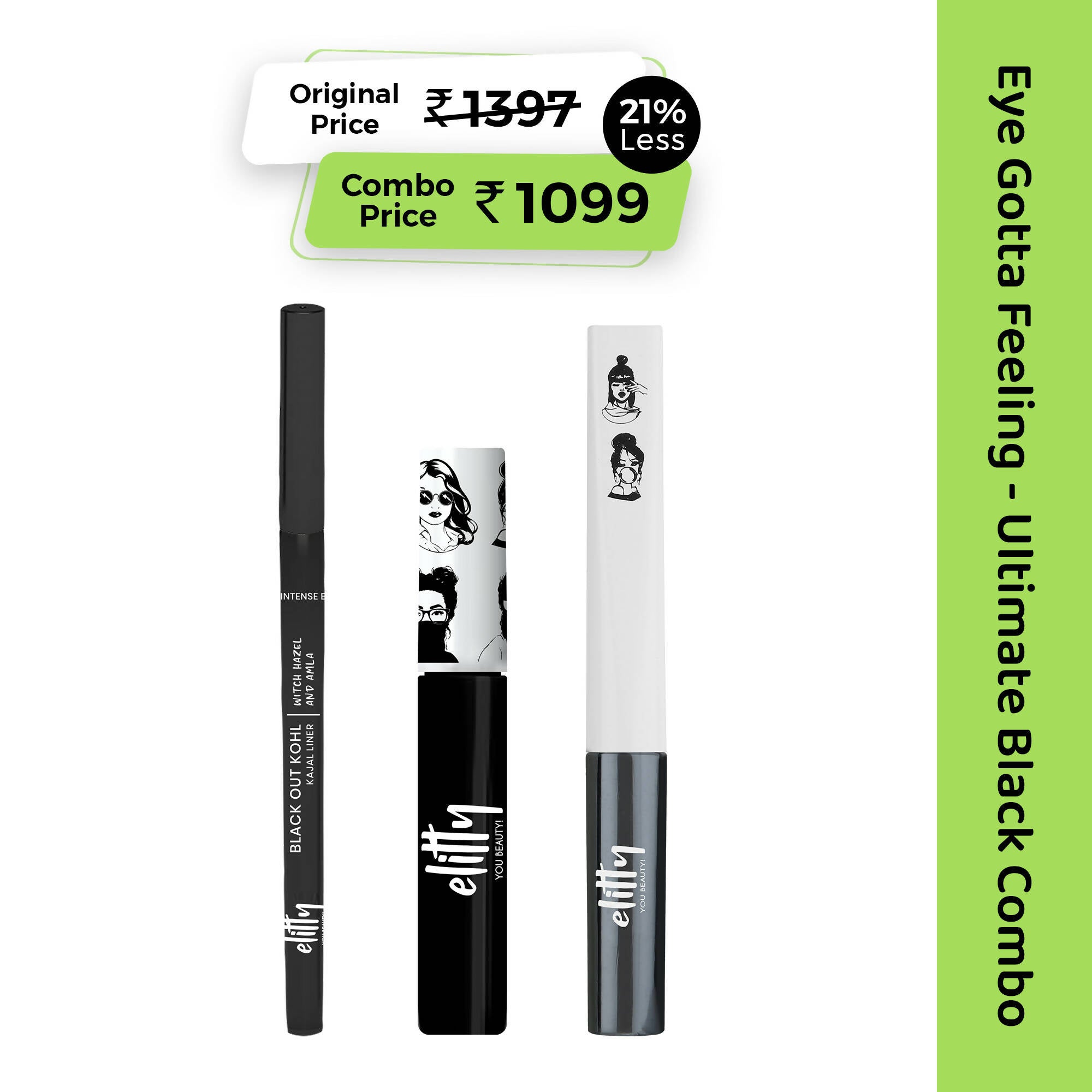 Elitty Eye Gotta Feeling Ultimate Black 3 in 1 Eyeliner, Kajal, Mascara Combo | Grocsy