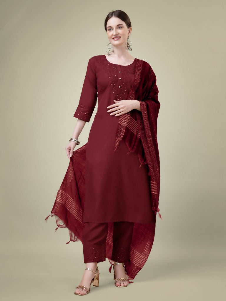 Jyoti Fashion Women's Maroon Cotton Blend Embroidery & Sequence work Kurta with Trouser & Dupatta | Grocsy