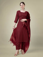 Jyoti Fashion Women's Maroon Cotton Blend Embroidery & Sequence work Kurta with Trouser & Dupatta | Grocsy