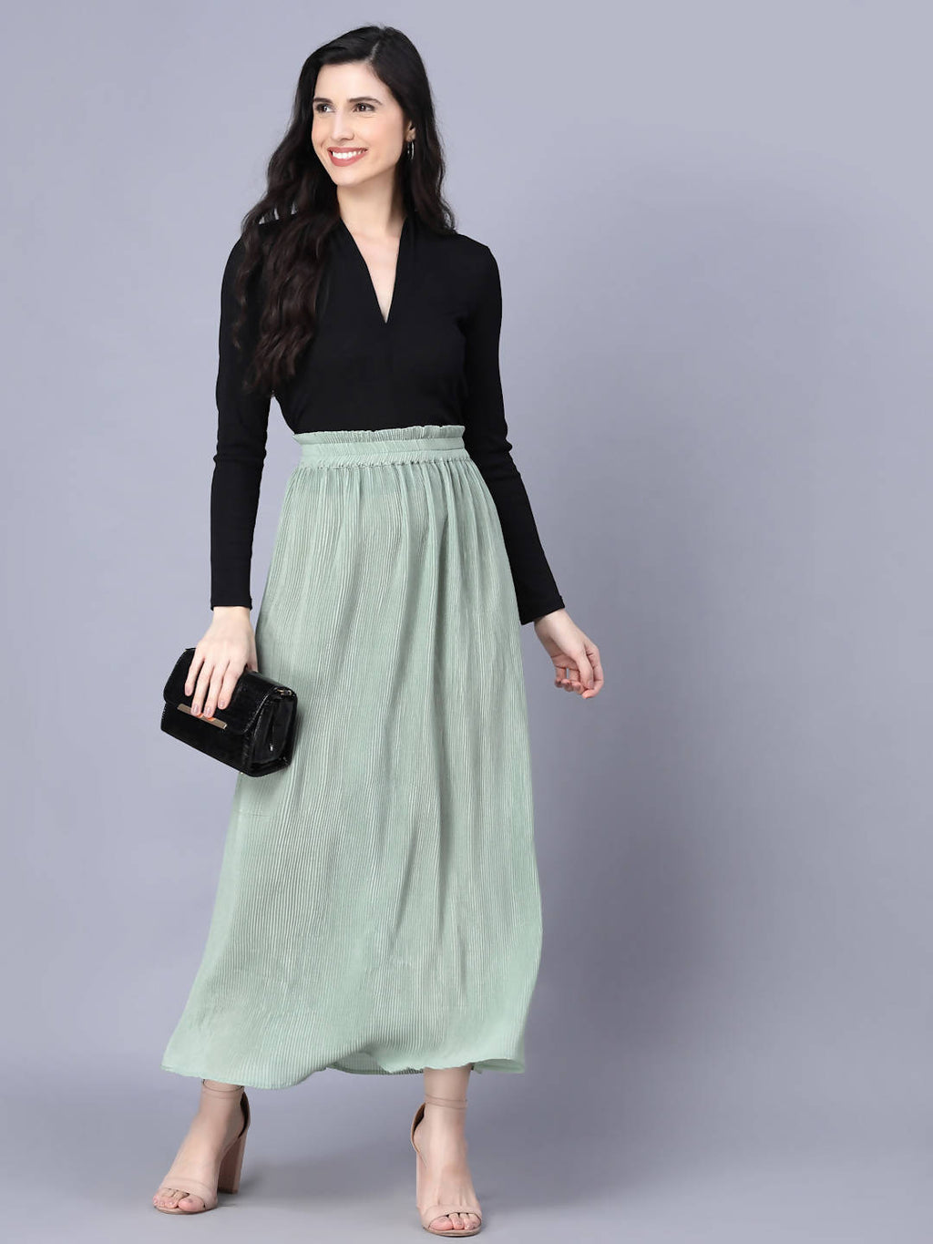 Myshka Chiffon Solid Green Women Skirt | Grocsy
