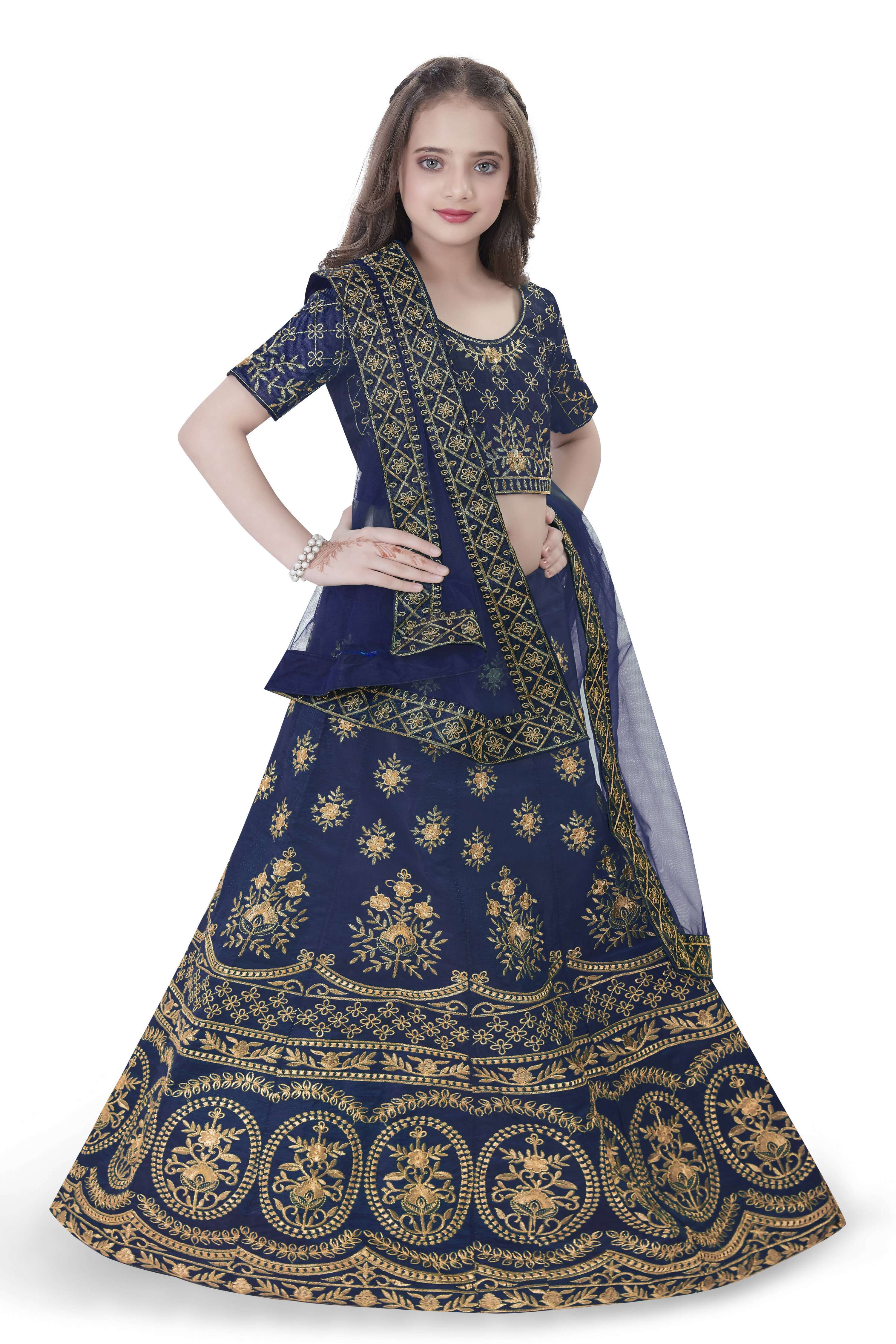 Dwiden Navy Blue Lehriyu Tafetta Sattin Semi-Stitched Girl's Lehenga Choli | Grocsy