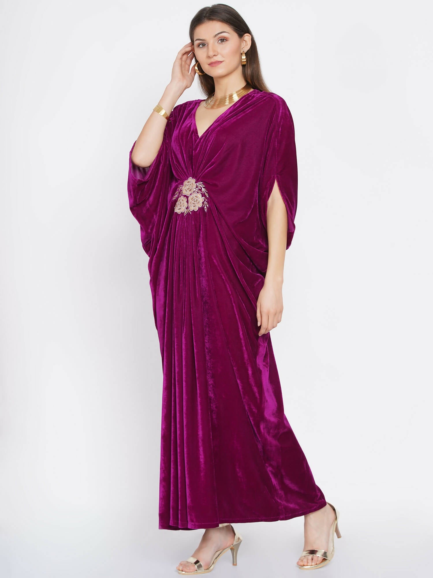 Women Republic Wine Velvet Embroiderd Gown | Grocsy