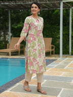 Aramya Straight Linen Cotton Floral Print Women's Kurta - Off White | Grocsy