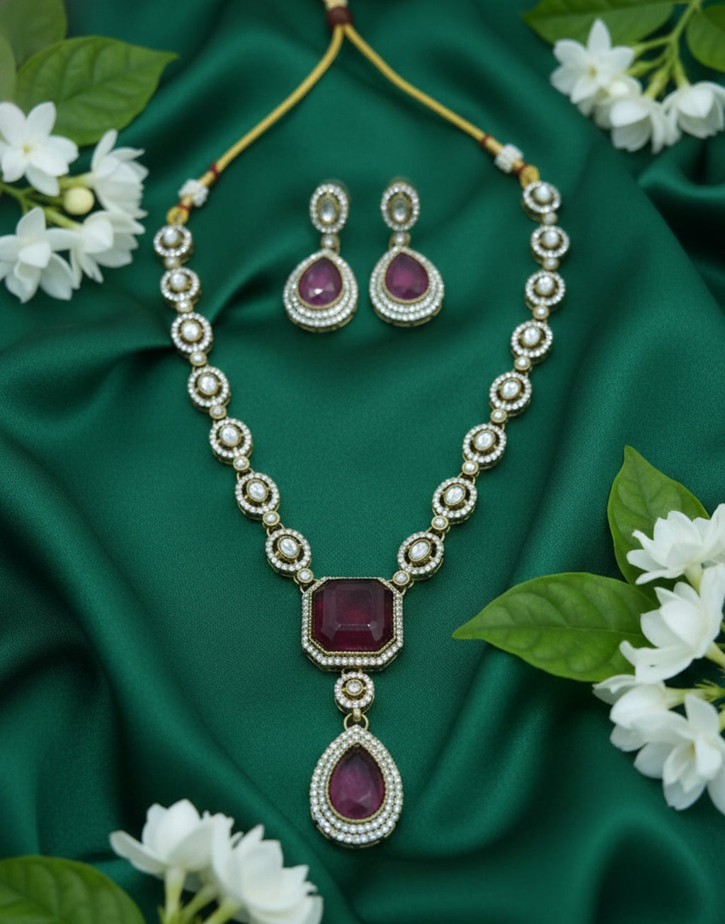 Jewel City Traditional Wine Color 3-Piece Set (Necklace, Earrings, And Maang Tikka) | Grocsy