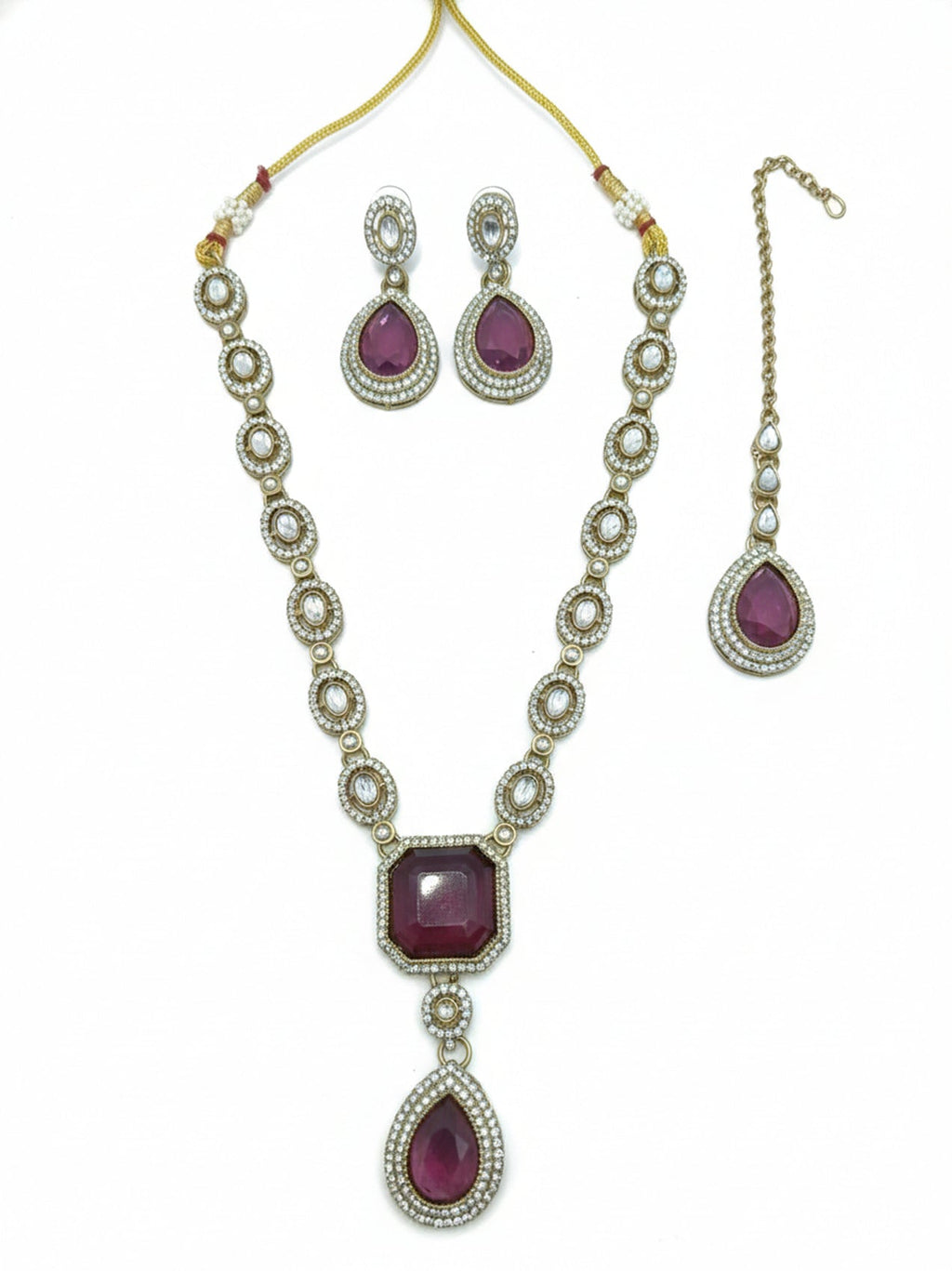 Jewel City Traditional Wine Color 3-Piece Set (Necklace, Earrings, And Maang Tikka) | Grocsy