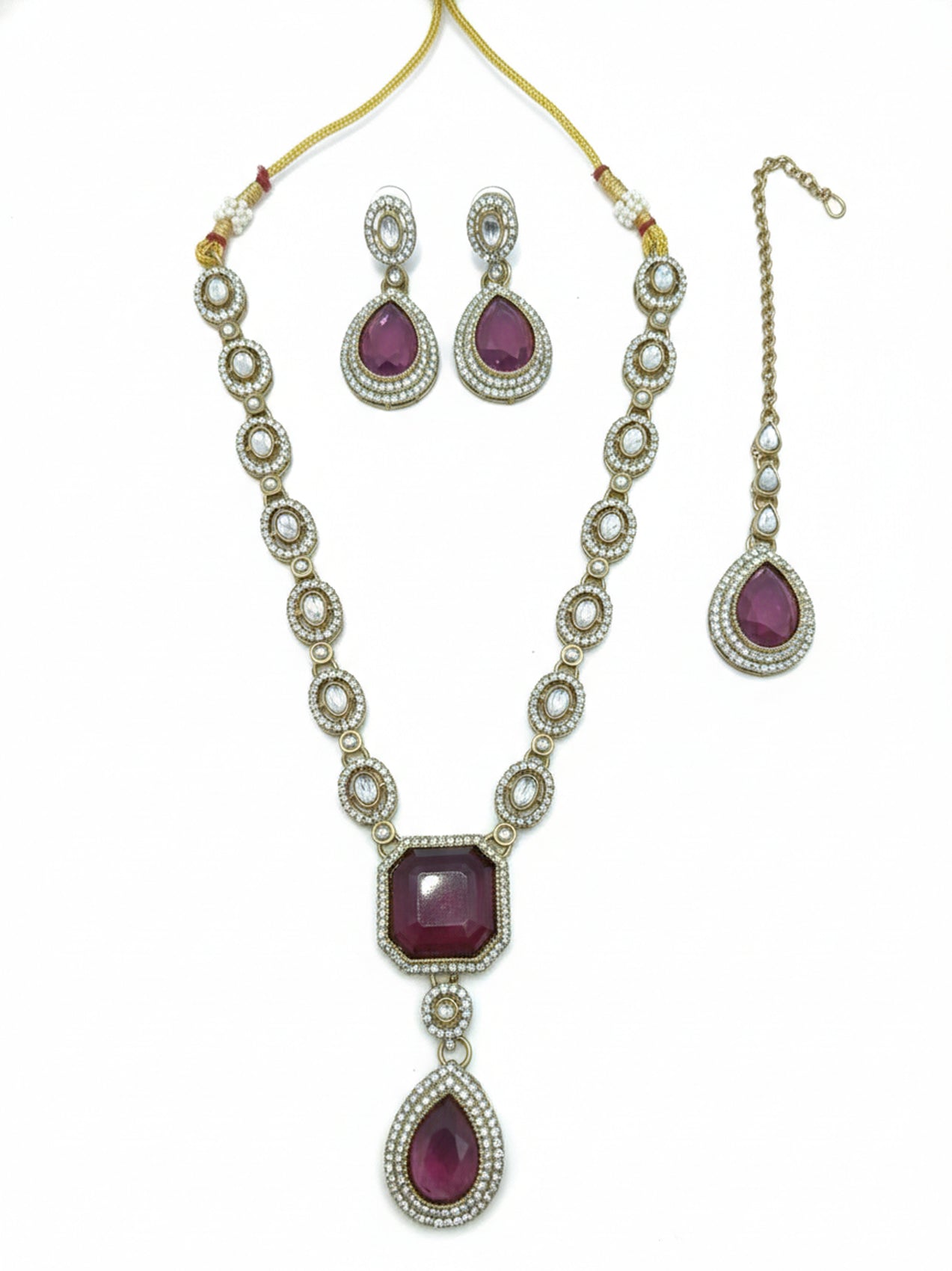 Jewel City Traditional Wine Color 3-Piece Set (Necklace, Earrings, And Maang Tikka) | Grocsy