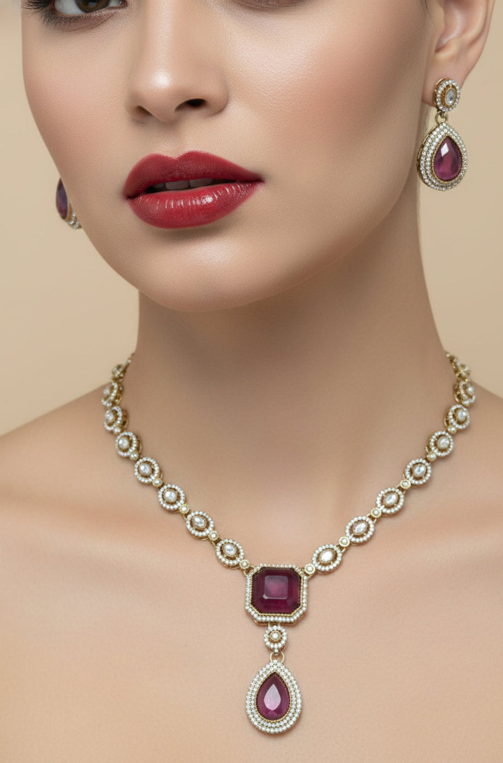 Jewel City Traditional Wine Color 3-Piece Set (Necklace, Earrings, And Maang Tikka) | Grocsy
