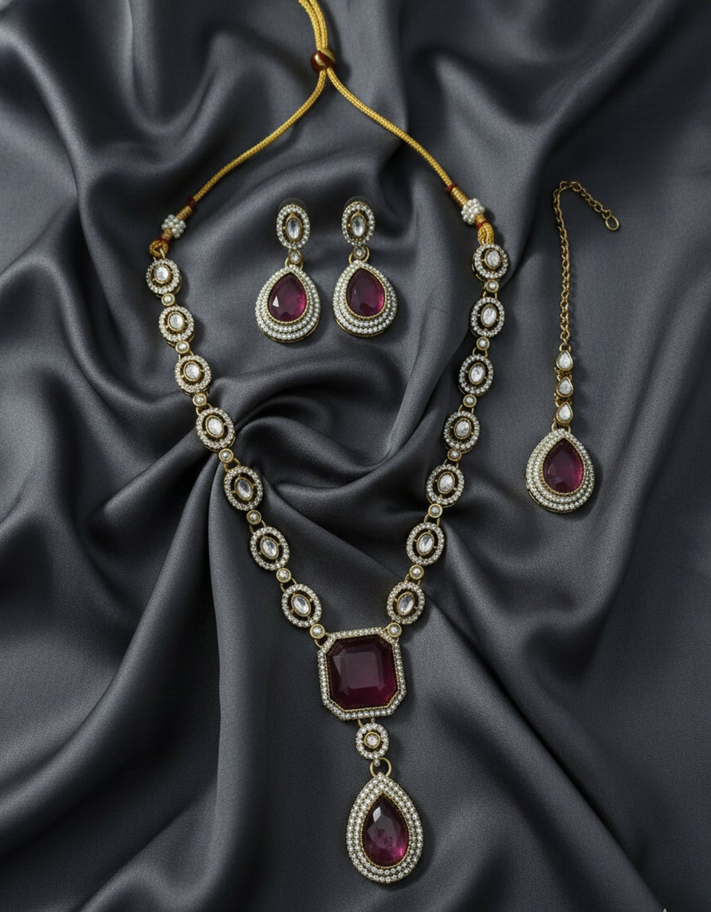 Jewel City Traditional Wine Color 3-Piece Set (Necklace, Earrings, And Maang Tikka) | Grocsy
