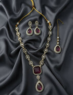 Jewel City Traditional Wine Color 3-Piece Set (Necklace, Earrings, And Maang Tikka) | Grocsy