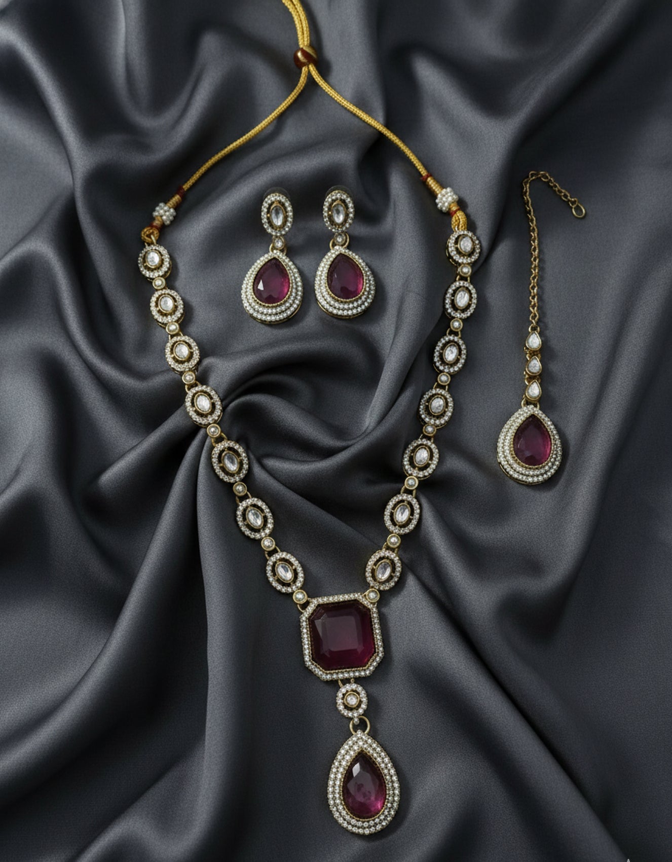 Jewel City Traditional Wine Color 3-Piece Set (Necklace, Earrings, And Maang Tikka) | Grocsy