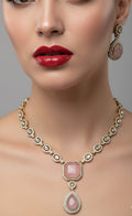 Jewel City Traditional 3-Piece Pink Jewelry Set (Necklace, Earrings, And Maang Tikka) | Grocsy