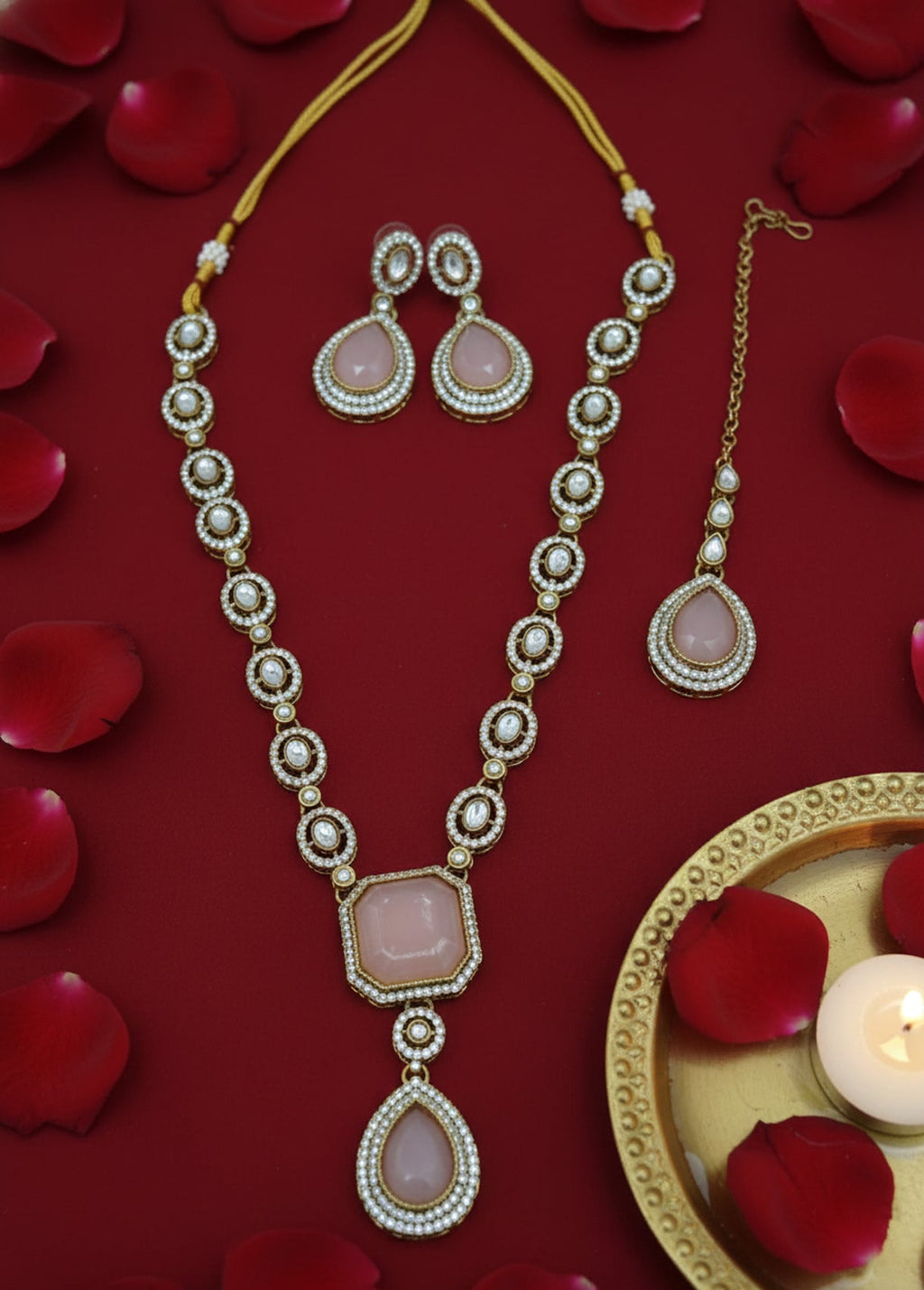 Jewel City Traditional 3-Piece Pink Jewelry Set (Necklace, Earrings, And Maang Tikka) | Grocsy