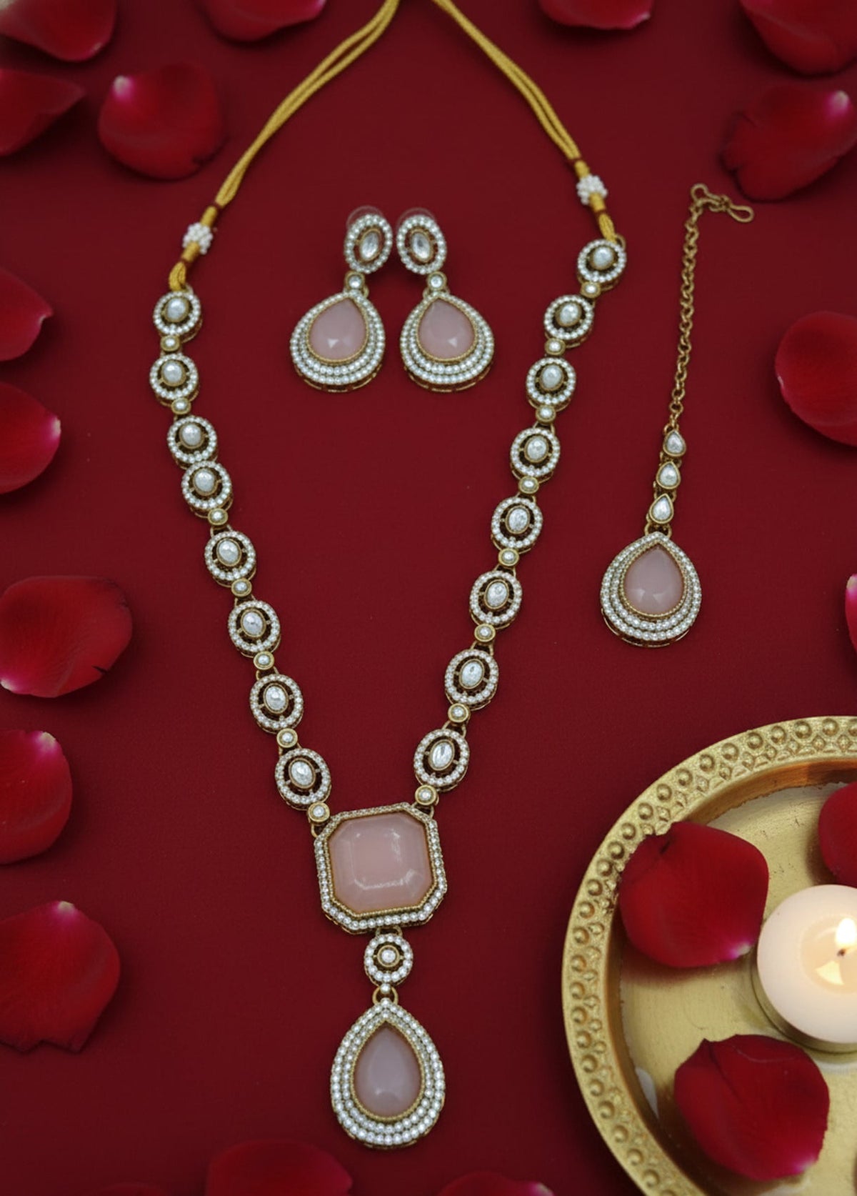 Jewel City Traditional 3-Piece Pink Jewelry Set (Necklace, Earrings, And Maang Tikka) | Grocsy