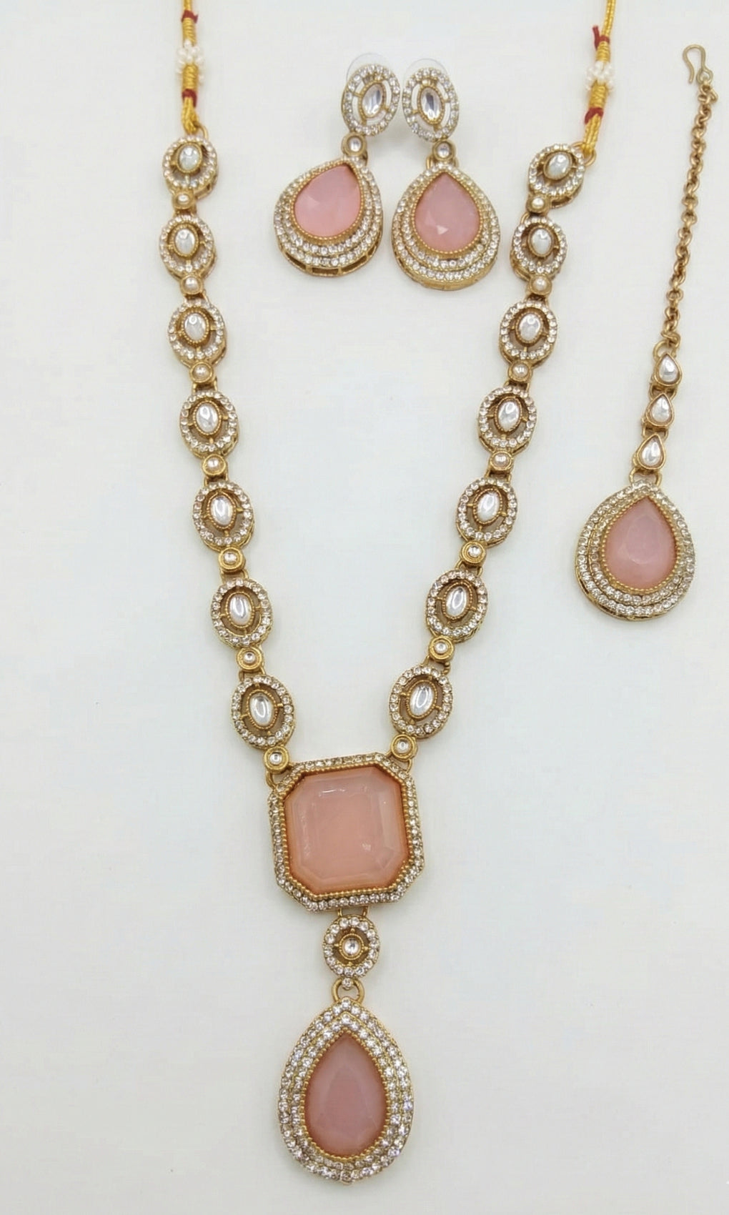 Jewel City Traditional 3-Piece Pink Jewelry Set (Necklace, Earrings, And Maang Tikka) | Grocsy