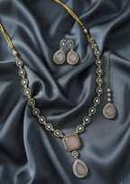 Jewel City Traditional 3-Piece Pink Jewelry Set (Necklace, Earrings, And Maang Tikka) | Grocsy