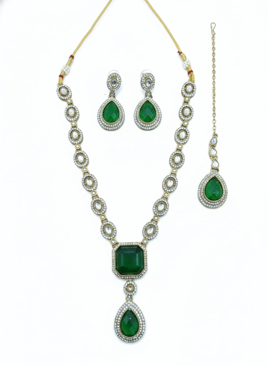 Jewel City Traditional 3-Piece Green Jewelry Set (Necklace, Earrings, And Maang Tikka) | Grocsy