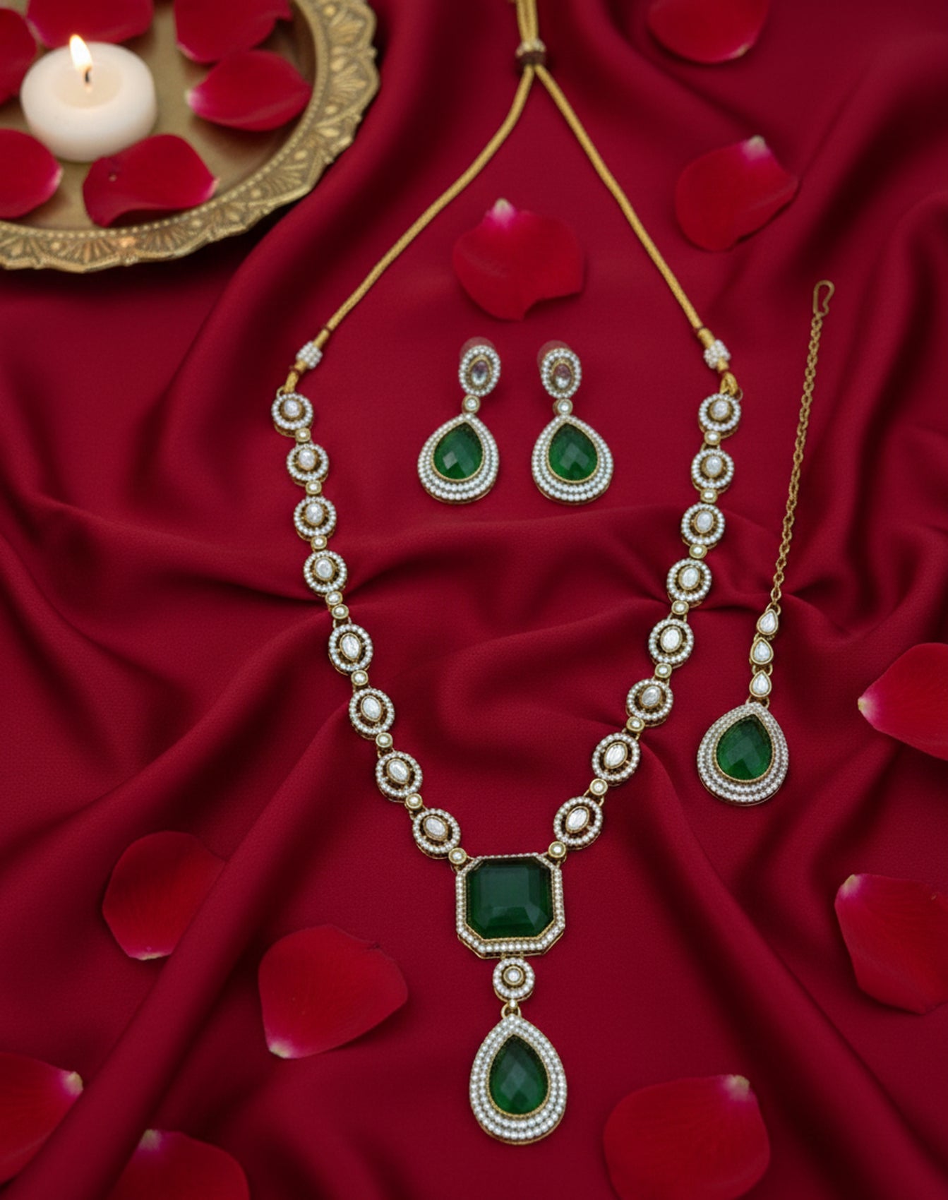 Jewel City Traditional 3-Piece Green Jewelry Set (Necklace, Earrings, And Maang Tikka) | Grocsy