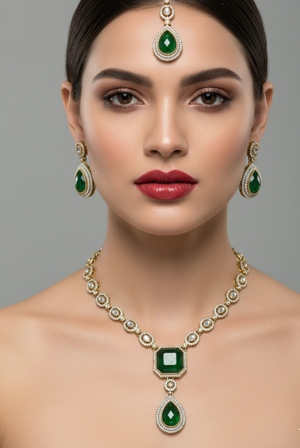 Jewel City Traditional 3-Piece Green Jewelry Set (Necklace, Earrings, And Maang Tikka) | Grocsy