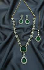 Jewel City Traditional 3-Piece Green Jewelry Set (Necklace, Earrings, And Maang Tikka) | Grocsy