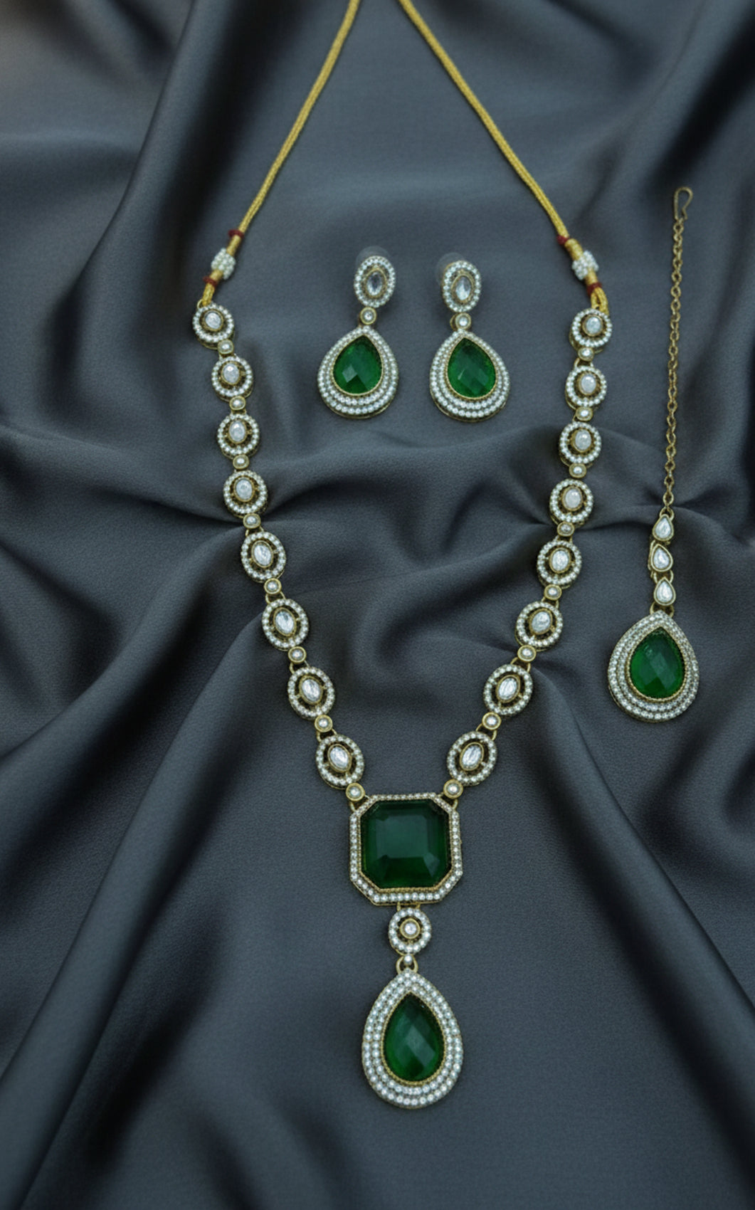 Jewel City Traditional 3-Piece Green Jewelry Set (Necklace, Earrings, And Maang Tikka) | Grocsy