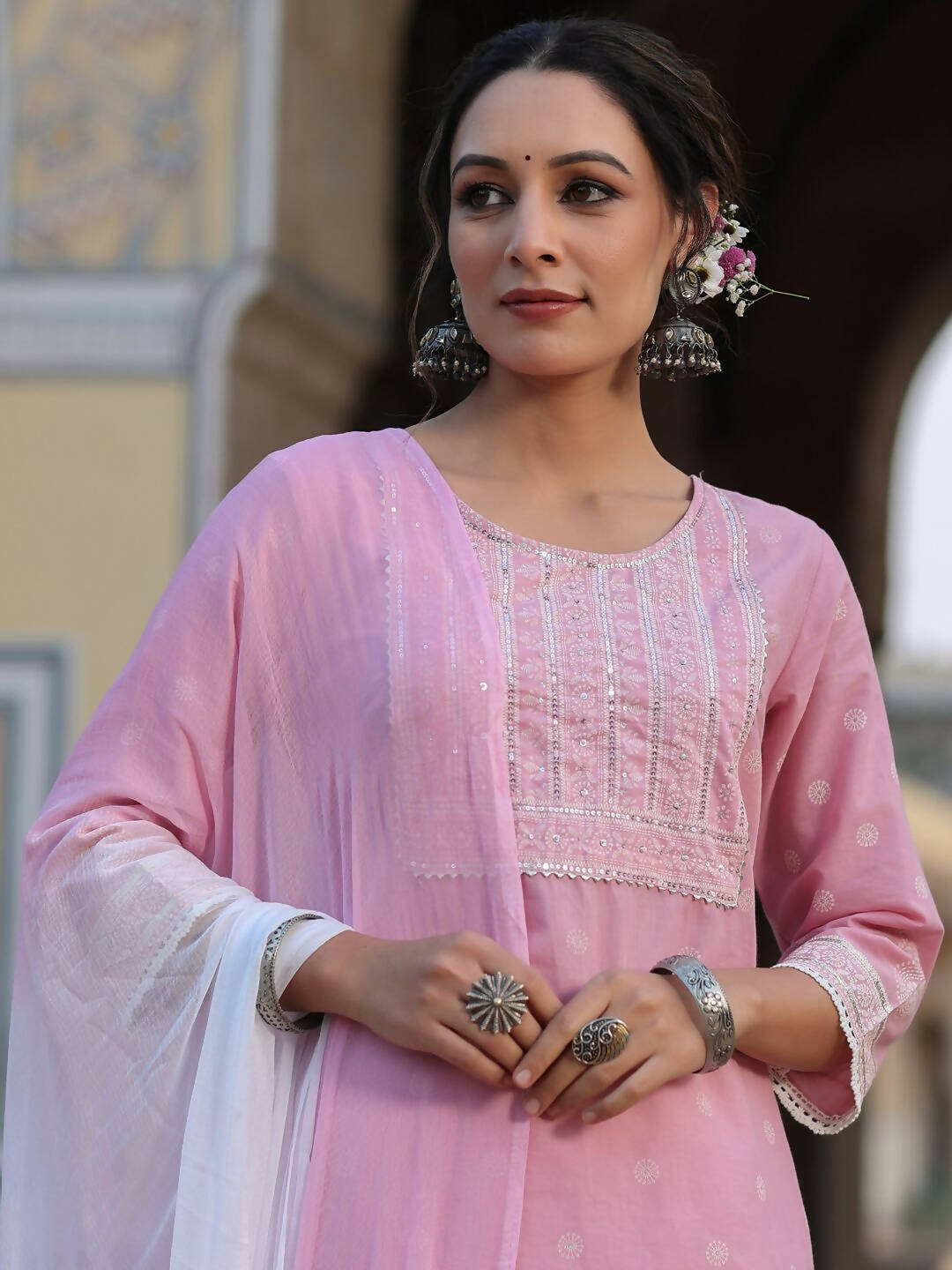 Juniper Women's Pink Cambric Floral Print Kurta Sharara Sets | Grocsy