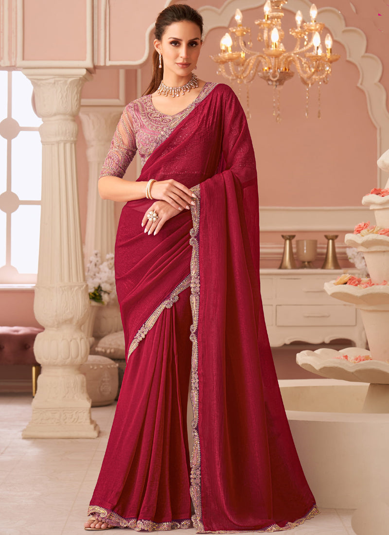 Vegaa Fashion Red Georgette Embroidered Party Wear Saree | Grocsy