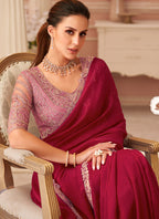 Vegaa Fashion Red Georgette Embroidered Party Wear Saree | Grocsy
