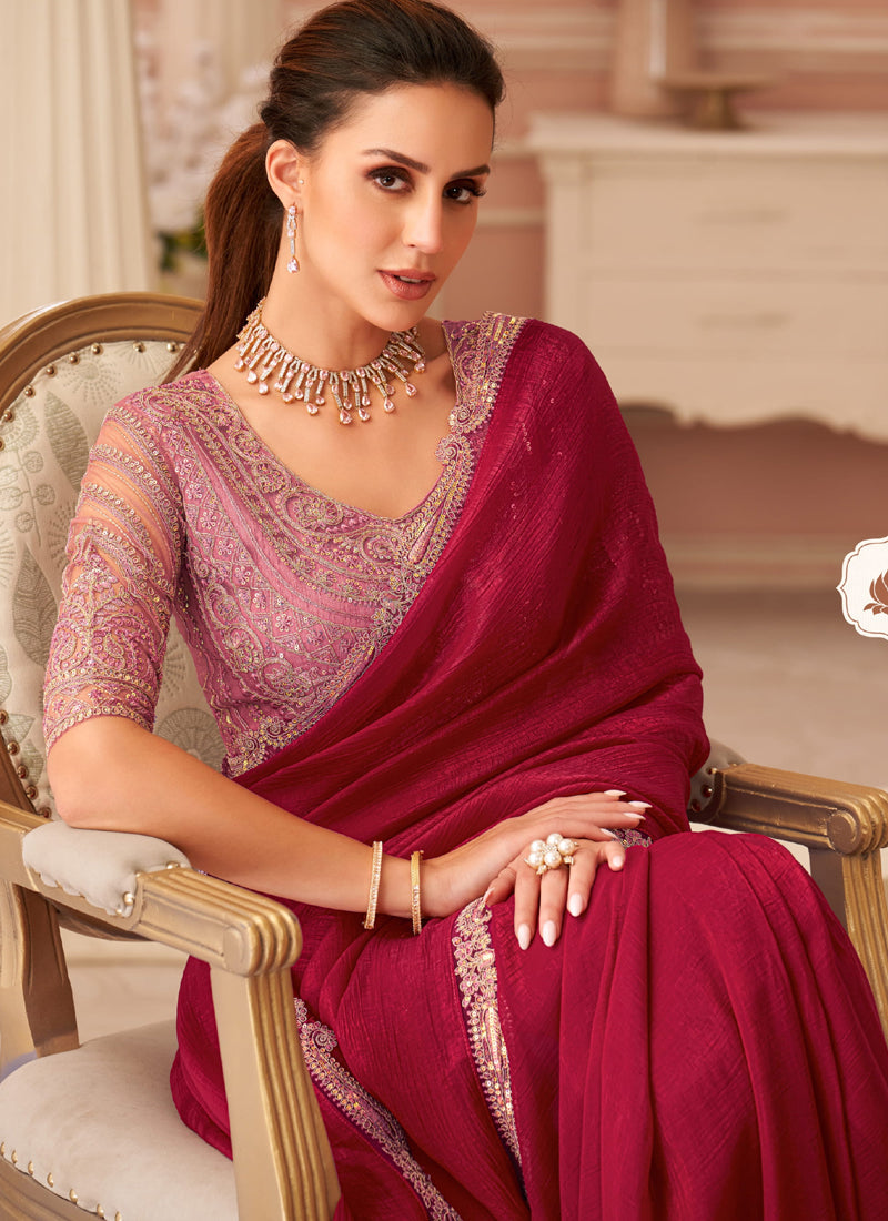 Vegaa Fashion Red Georgette Embroidered Party Wear Saree | Grocsy