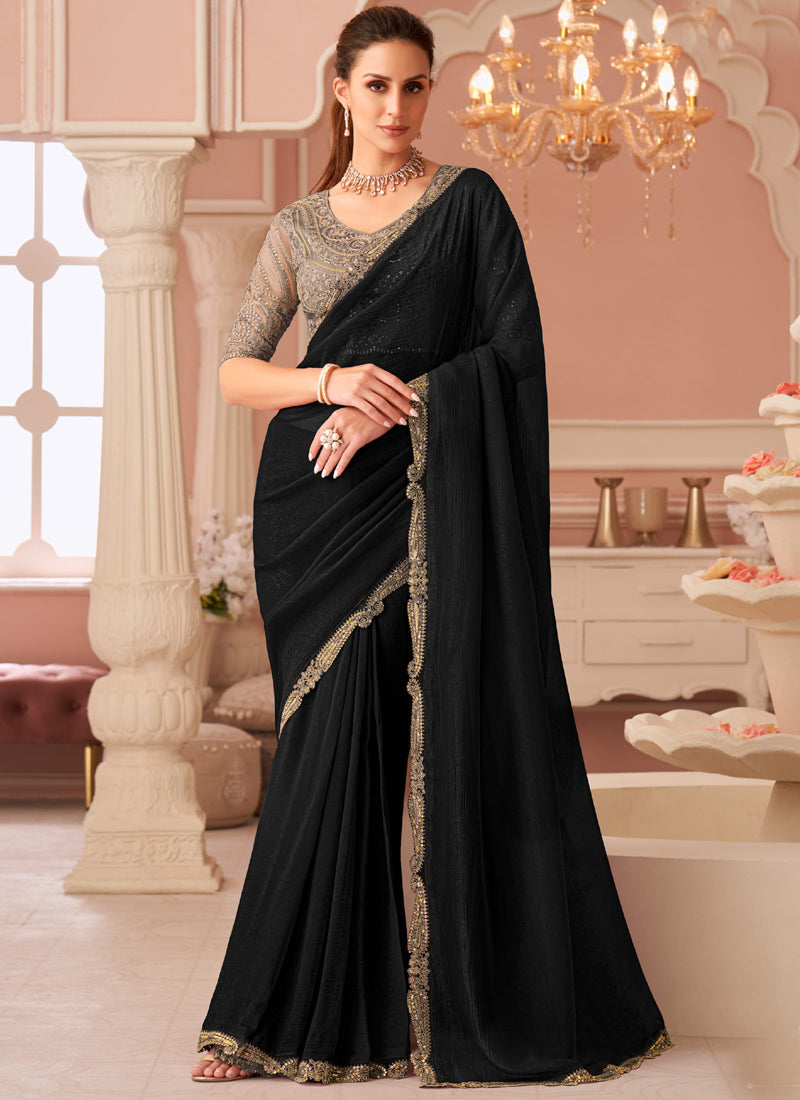 Vegaa Fashion Black Georgette Embroidered Party Wear Saree | Grocsy