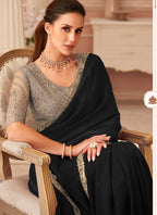 Vegaa Fashion Black Georgette Embroidered Party Wear Saree | Grocsy