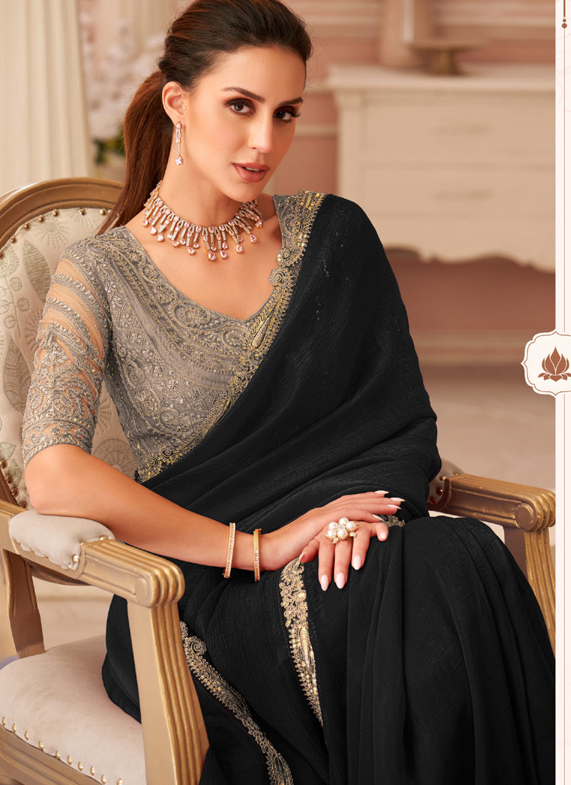Vegaa Fashion Black Georgette Embroidered Party Wear Saree | Grocsy