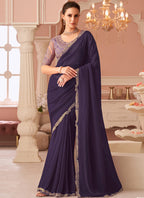 Vegaa Fashion Violet Georgette Embroidered Party Wear Saree | Grocsy