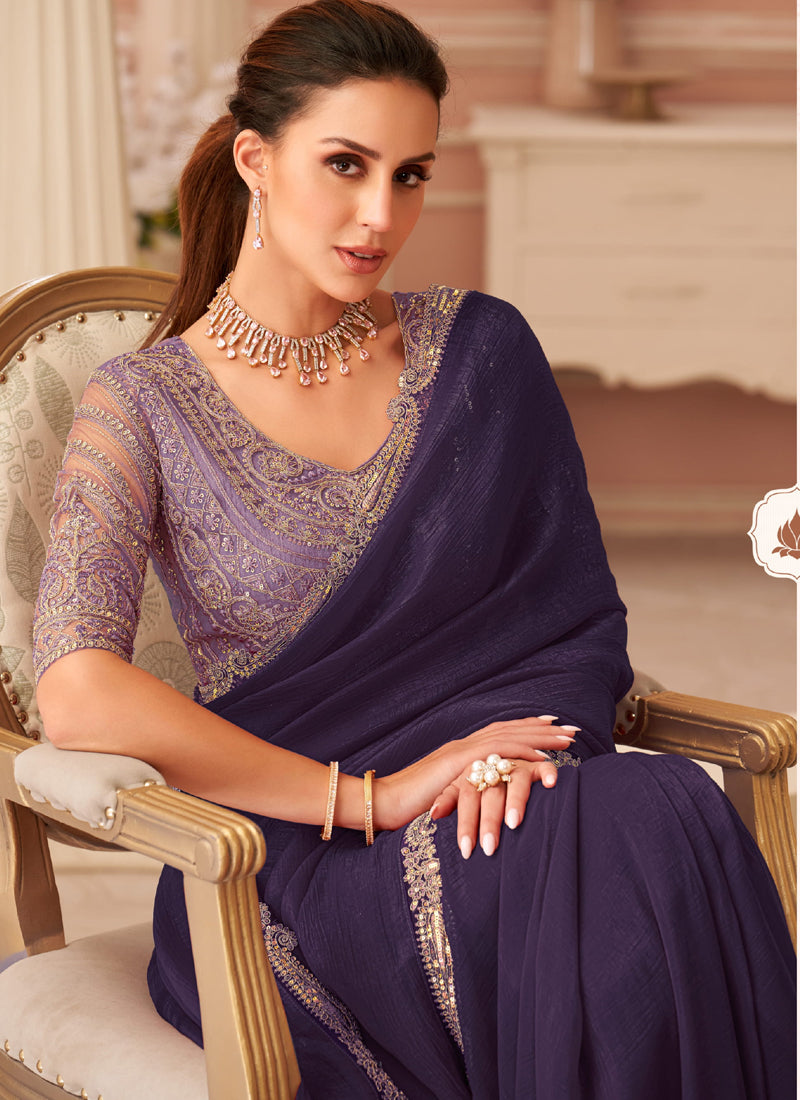 Vegaa Fashion Violet Georgette Embroidered Party Wear Saree | Grocsy