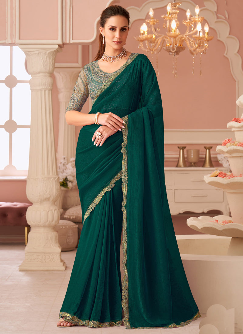 Vegaa Fashion Green Georgette Embroidered Party Wear Saree | Grocsy