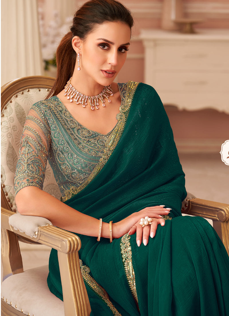 Vegaa Fashion Green Georgette Embroidered Party Wear Saree | Grocsy