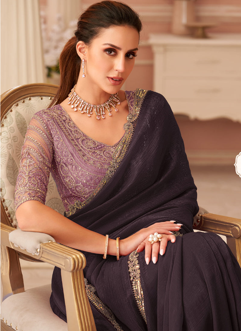 Vegaa Fashion Dark Brown Georgette Embroidered Party Wear Saree | Grocsy