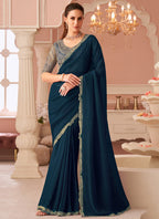 Vegaa Fashion Aqua Blue Georgette Embroidered Party Wear Saree | Grocsy