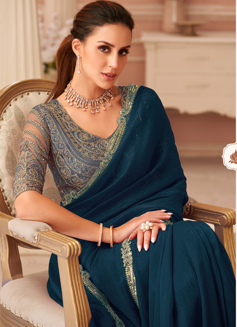 Vegaa Fashion Aqua Blue Georgette Embroidered Party Wear Saree | Grocsy